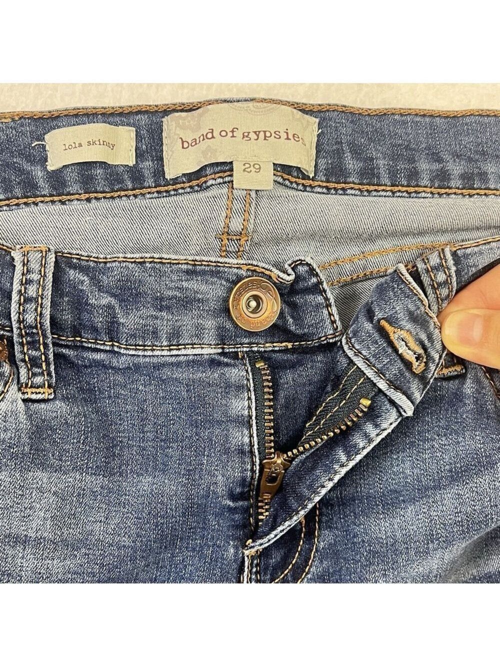 Band of Gypsies Lola Skinny Ankle Jeans Womens 29 Blue Denim Raw Hem Embroidered - Picture 7 of 11